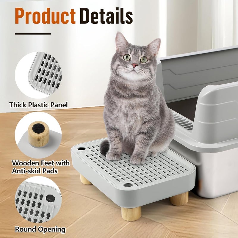 Bartuke Cat Litter Box Step Ramp, Cat Litter Catcher Mat with Wooden Feet, Filter Function, Pedal Stool for Self-Cleaning Litter Box, Ideal for Kitten & Elderly Cats(Light Grey) - Image 4